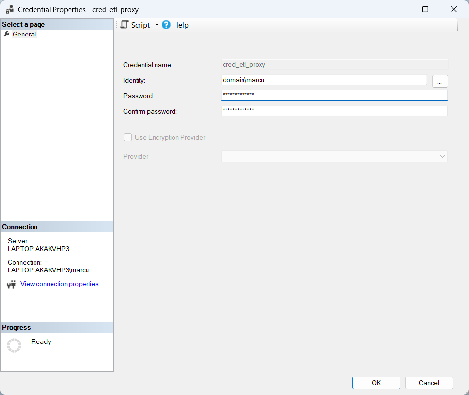 SSMS Object Explorer mit Pfad Security → Credentials, neu angelegtes Credential cred_etl_proxy als Listen-Eintrag sichtbar.