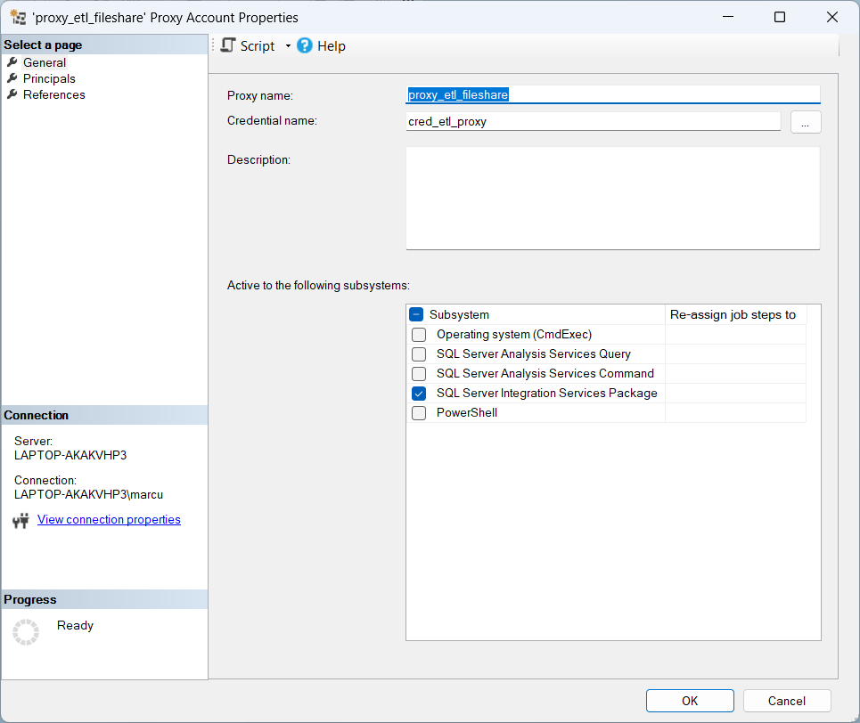 SSMS Object Explorer mit Pfad SQL Server Agent → Proxies → SSIS Package Execution, neu angelegter Proxy proxy_etl_fileshare als Listen-Eintrag sichtbar.