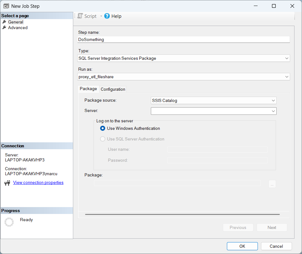 Job-Step-Eigenschaften-Dialog mit aktiviertem Run-As-Dropdown, Auswahl proxy_etl_fileshare, Step-Typ SQL Server Integration Services Package