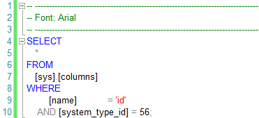 Dasselbe WHERE-Statement in Arial und in Consolas: In der Proportionalschrift Arial fluchten die Felder [name] und [system_type_id] nicht, in der monospaced Consolas stehen sie linksbündig untereinander.