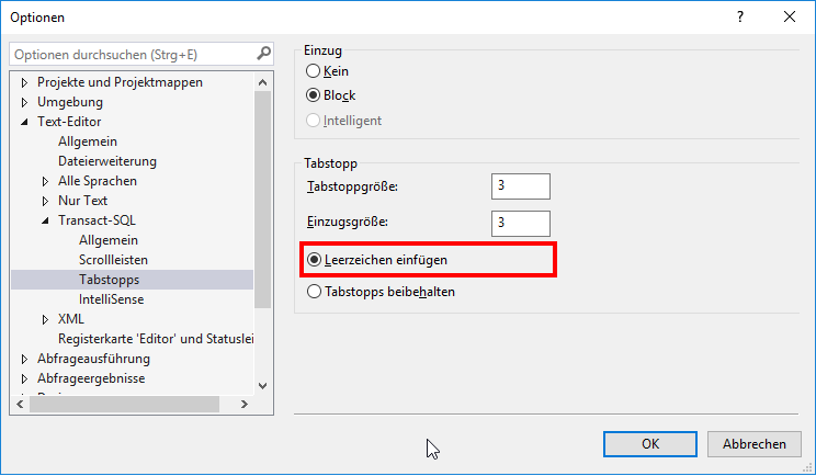 SSMS-Optionsdialog Tabstopps mit aktivierter Option „Einfügen von Leerzeichen", die Tabulatoren durch Leerzeichen ersetzt.