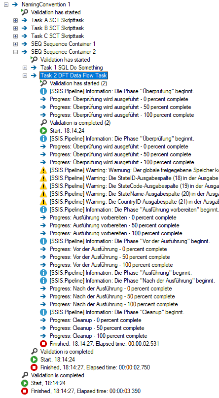 Progress tab in Visual Studio: the tasks are sorted alphabetically by name, not in the order of their execution.