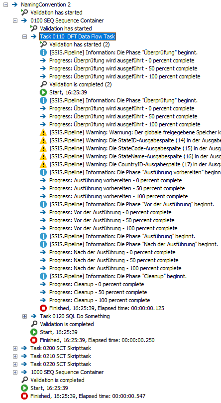 Execution log after introducing the numbering: the tasks now appear in execution order and are readable.